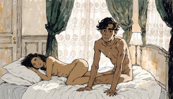 Un couple nu dans une chambre, regardant dans le vide avec indifférence, l'homme et la femme semblent en bonne santé, contrastant avec l'idée d'une infection invisible