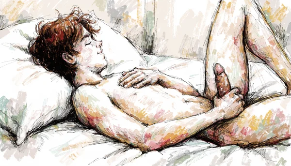 Masturbation masculine, main tenant le pénis en érection sur un lit blanc, lubrifiant transparent sur le sexe, lumière naturelle