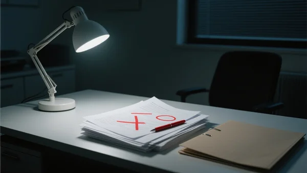 Écran d'ordinateur affichant des documents de sécurité avec des annotations rouges signalant des erreurs, dans un bureau faiblement éclairé, ambiance de vérification d'audit