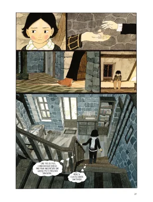 Une jeune fille en tenue noire descend un escalier de pierre dans cette séquence de la BD.