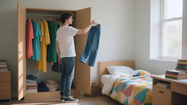 Jeune étudiant debout devant une armoire ouverte remplie de vêtements colorés, tenant un pantalon à la main, lumière naturelle entrant par la fenêtre, ambiance de chambre d'étudiant joyeuse