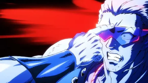 Personnage aux cheveux blancs hérissés et lunettes violettes évoquant Kenshiro de Ken le Survivant sur fond rouge et noir.