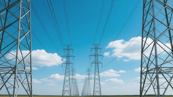 Vue en contre-plongée d'une rangée de pylônes électriques haute tension sous un ciel bleu nuageux avec des câbles s'étendant à l'horizon