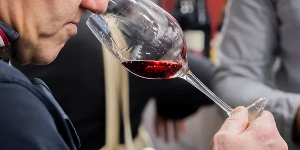 Une personne en train de sentir un verre de vin rouge lors d'une dégustation.