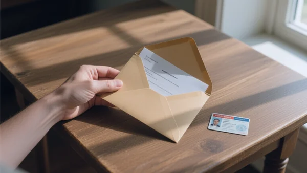 Vue rapprochée d'une main tenant une enveloppe administrative officielle ouverte, une carte de permis de conduire à côté sur une table en bois, lumière matinale filtrant par une fenêtre