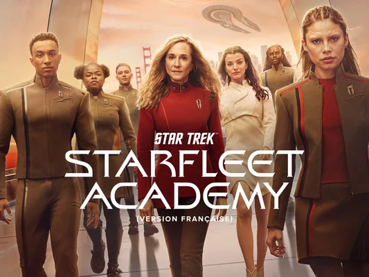 Affiche officielle de 'Star Trek: Starfleet Academy' avec des cadets devant le Pont Golden Gate et un vaisseau spatial.