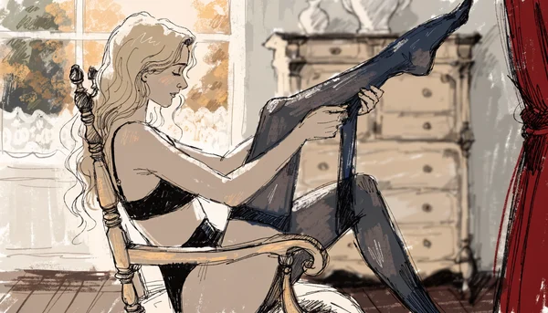Femme assise sur une chaise à dossier haut, en train d'ôter l'une de ses bas nylon avec lenteur, jambe tendue vers le haut, lingerie noire