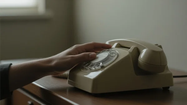 Plan serré sur une main posée sur un combiné téléphonique filaire ancien sur un bureau, fond flou et calme d'une pièce aux murs neutres, lumière douce et tamisée de début de matinée