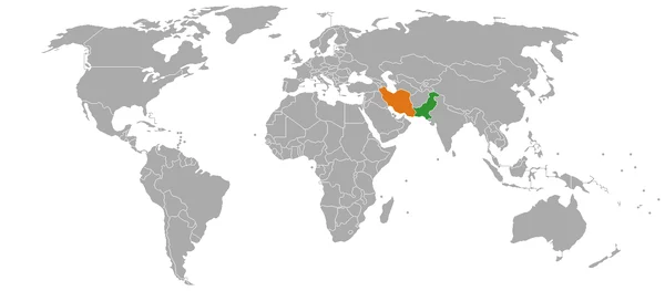 Carte du monde montrant l'Iran en orange et le Pakistan en vert, illustrant les relations entre les deux pays.