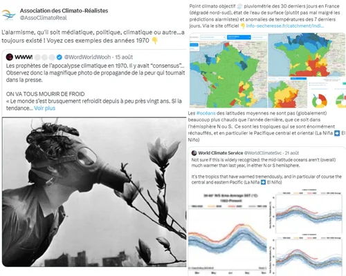 Une capture d'écran montrant des tweets et des graphiques liés à l'alarmisme climatique.