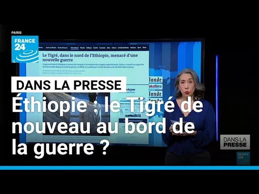 Un journaliste de France 24 présentant une dépêche sur le Tigré en Éthiopie face à un écran d'actualité.