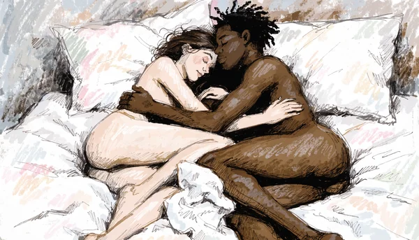 Vue rapprochée d'un couple enlacé après l'amour, peau nue, expressions de détente profonde et de lâcher-prise, ambiance intime et sereine