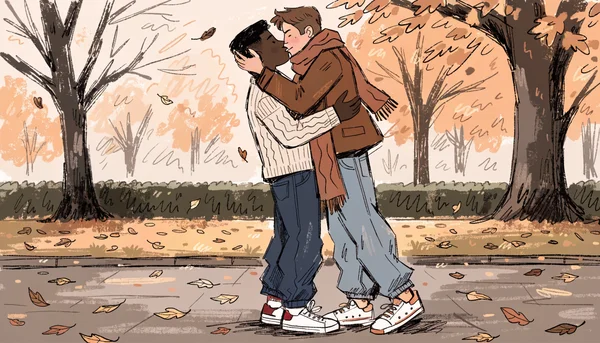 Deux hommes s'embrassant tendrement dans un parc en automne, feuilles mortes au sol, lumière dorée de fin d'après-midi