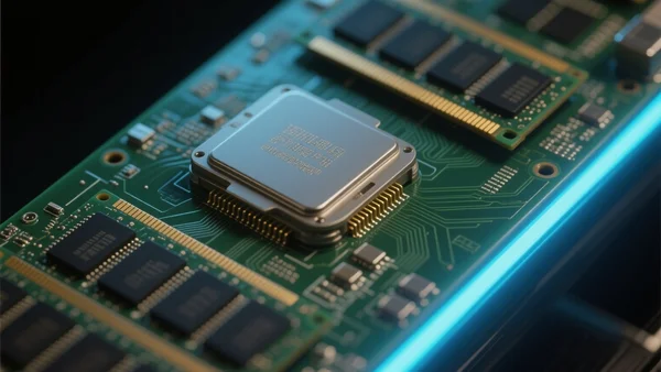 Plan rapproché d'un processeur de carte mère exposé, plusieurs barrettes de mémoire RAM insérées, ambiance de laboratoire technologique avec lumière bleue néon