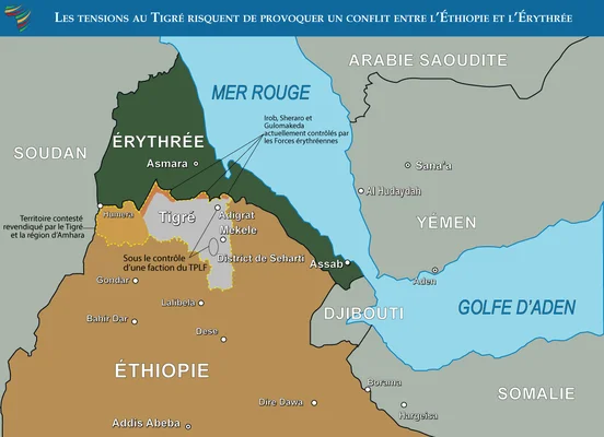 Carte de la région du Tigré et de ses voisins indiquant les zones de contrôle et les tensions.