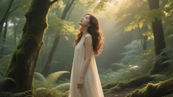 Femme aux longs cheveux bruns et bouclés, debout dans une forêt dense sous la lumière filtrée des arbres, portant une robe légère et fluide, regardant vers le haut avec une expression sereine