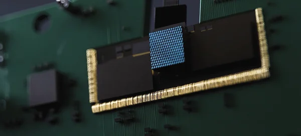 Vue rapprochée d'un circuit imprimé vert avec un composant électronique central bleu et doré.