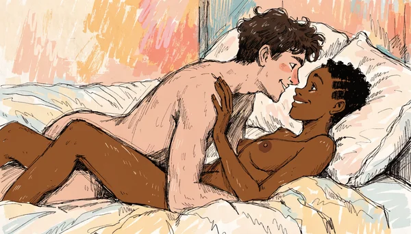 Pénétration vaginale en missionnaire, homme et femme nus, homme portant un préservatif