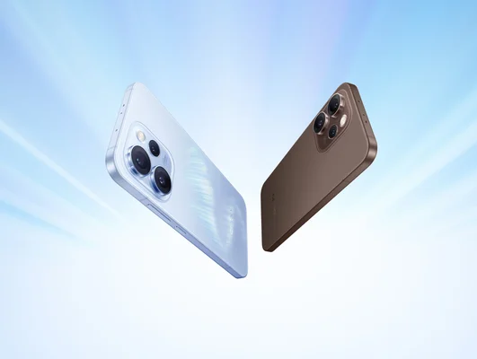 Deux téléphones OPPO de couleurs différentes posés sur un fond bleu dynamique.