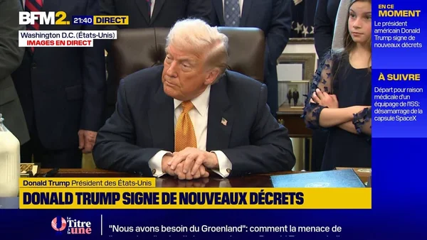 Donald Trump signe des décrets à Washington dans une capture d'émission BFMTV.