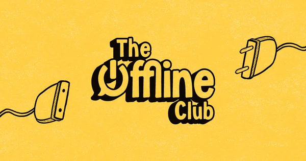 Graphique promotionnel pour The Offline Club avec le texte stylisé et des icônes de prises électriques.