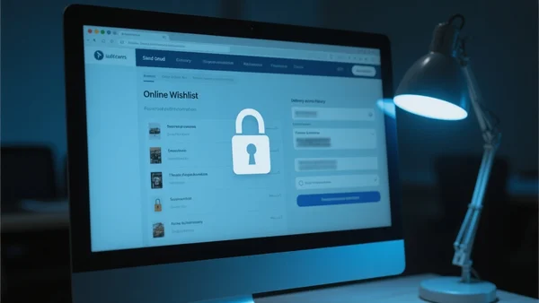 Gros plan sur un écran d'ordinateur affichant l'interface d'une liste de souhaits Amazon avec une icône de cadenas ouvert et une adresse postale partiellement floutée, lumière bleue de bureau