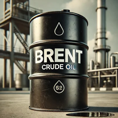 Baril de Brent Crude Oil avec une goutte de pétrole, devant une raffinerie.