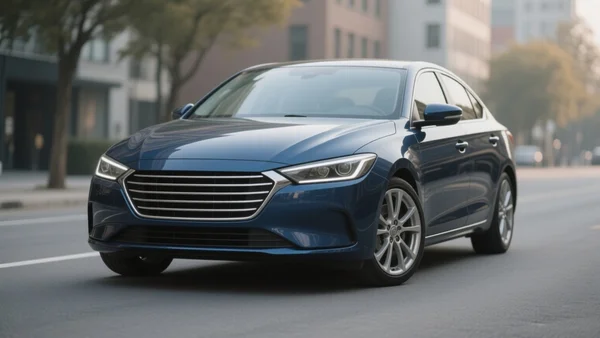 Vue de face d'une berline compacte moderne sur fond de route urbaine floutée, lumière naturelle du jour