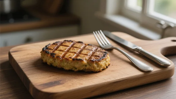 Plan serré d'un steak végétal doré et grillé sur une planche en bois, avec une fourchette et un couteau à côté, lumière naturelle de cuisine