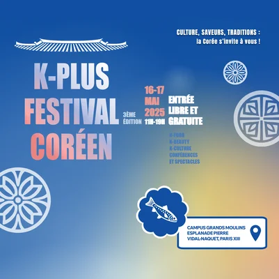 Affiche du K-PLUS Festival Coréen 2025 prévu au Campus Grands Moulins à Paris