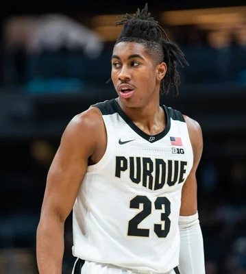 Jaden Ivey de Purdue lors d'un match universitaire, portant le maillot gris numéro 23.