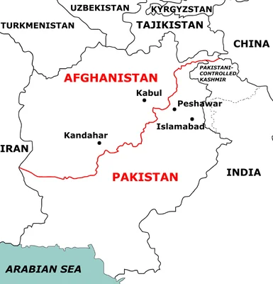 Carte de l'Afghanistan et du Pakistan montrant les grandes villes et la frontière en rouge.