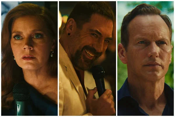 Triptyque des acteurs Amy Adams, Javier Bardem et Patrick Wilson lors d'un événement de présentation.