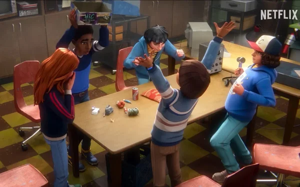 Cinq personnages animés réunis autour d'une table dans une pièce au sol à damiers.