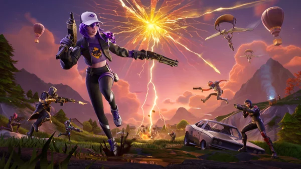 Illustration dynamique de Fortnite Blitz Royale avec un personnage central armé au milieu de l'action.