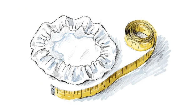 Premier plan d'un préservatif ouvert à côté d'un mètre ruban, sur une surface plane, lumière naturelle