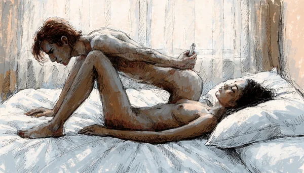 Pénétration vaginale, couple nu sur un lit, l'homme retire le préservatif pendant le rapport sans que sa partenaire le sache