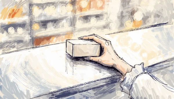 Plan rapproché d'une main tenant une boîte de pilule du lendemain sur un comptoir de pharmacie moderne, flou artistique en arrière-plan