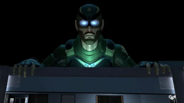 Illustration du jeu vidéo The Boys avec un personnage en armure verte au sommet d'un bâtiment.