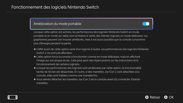 Interface des paramètres de la Nintendo Switch avec l'option Amélioration du mode portable activée.