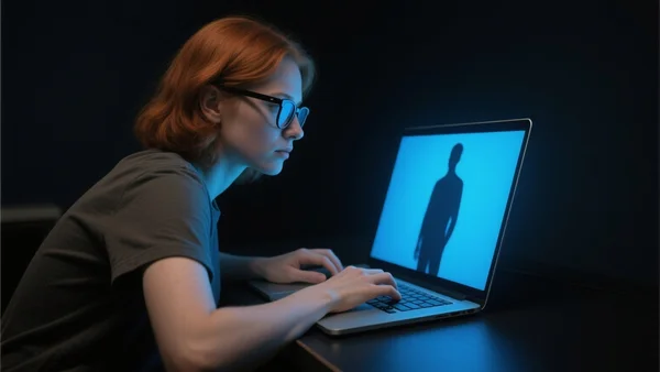 Personne regardant un écran d'ordinateur portable dans une pièce sombre, reflet inquiétant dans les lunettes, lueur bleutée