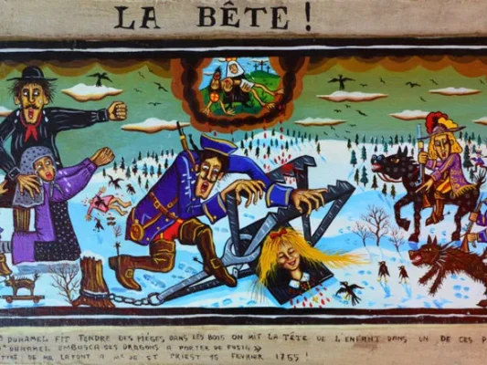 Peinture historique hivernale « LA BÊTE! » représentant une scène chaotique avec des humains et un loup.