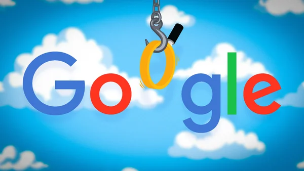 Un Google Doodle représentant le logo avec un anneau jaune suspendu dans un ciel bleu.