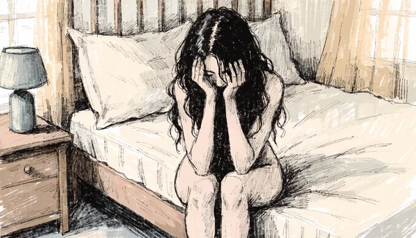 Personne seule assise sur le bord d'un lit, mains sur le visage, silhouette voûtée dans une posture de honte et de détresse émotionnelle