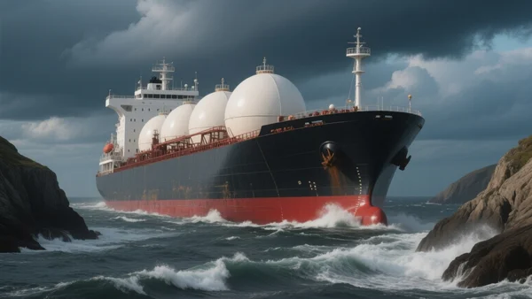 Vue rapprochée d'un méthanier géant bloqué dans un chenal maritime étroit, eau agitée, ciel nuageux menaçant