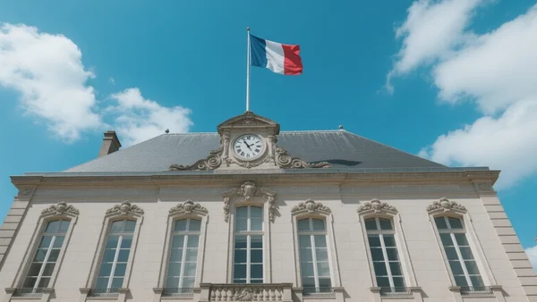 Vue en contre-plongée d'une mairie française avec son drapeau tricolore flottant sous un ciel bleu, façade en pierre grise classique et horloge centrale