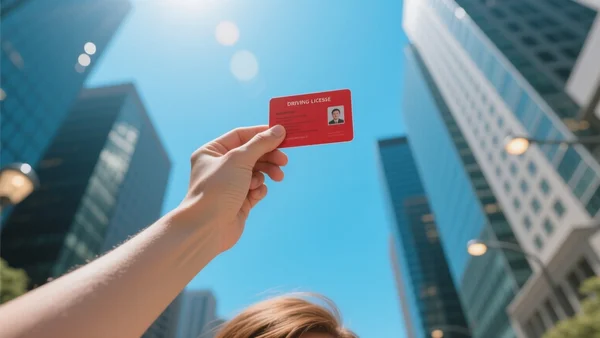 Vue en contre-plongée d'une main tendue tenant le précieux sésame du permis de conduire rouge, fond urbain flouté et lumineux symbolisant la liberté