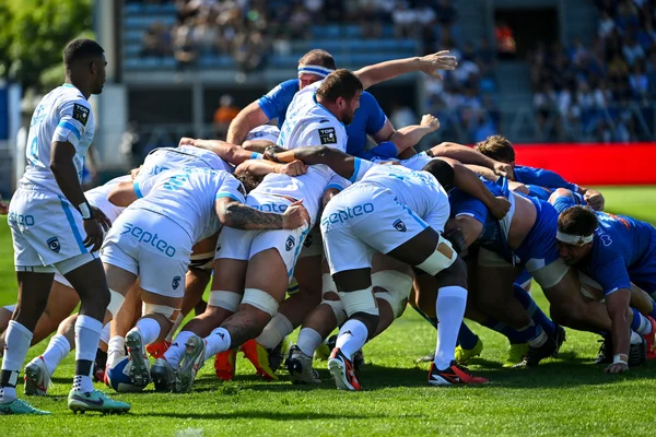Joueurs de rugby en pleine mêlée lors d'un match sur un terrain engazonné.