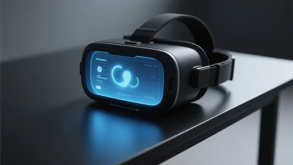 Casque de réalité virtuelle posé sur un bureau moderne sombre, l'écran affiche une interface utilisateur floue, éclairage froid bleuté provenant de l'appareil