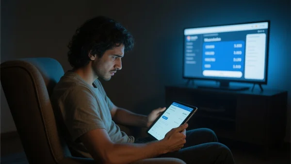 Personne assise dans un fauteuil, regardant un écran de télévision dans une pièce sombre, visage inquiet regardant une tablette avec une interface bancaire lumineuse